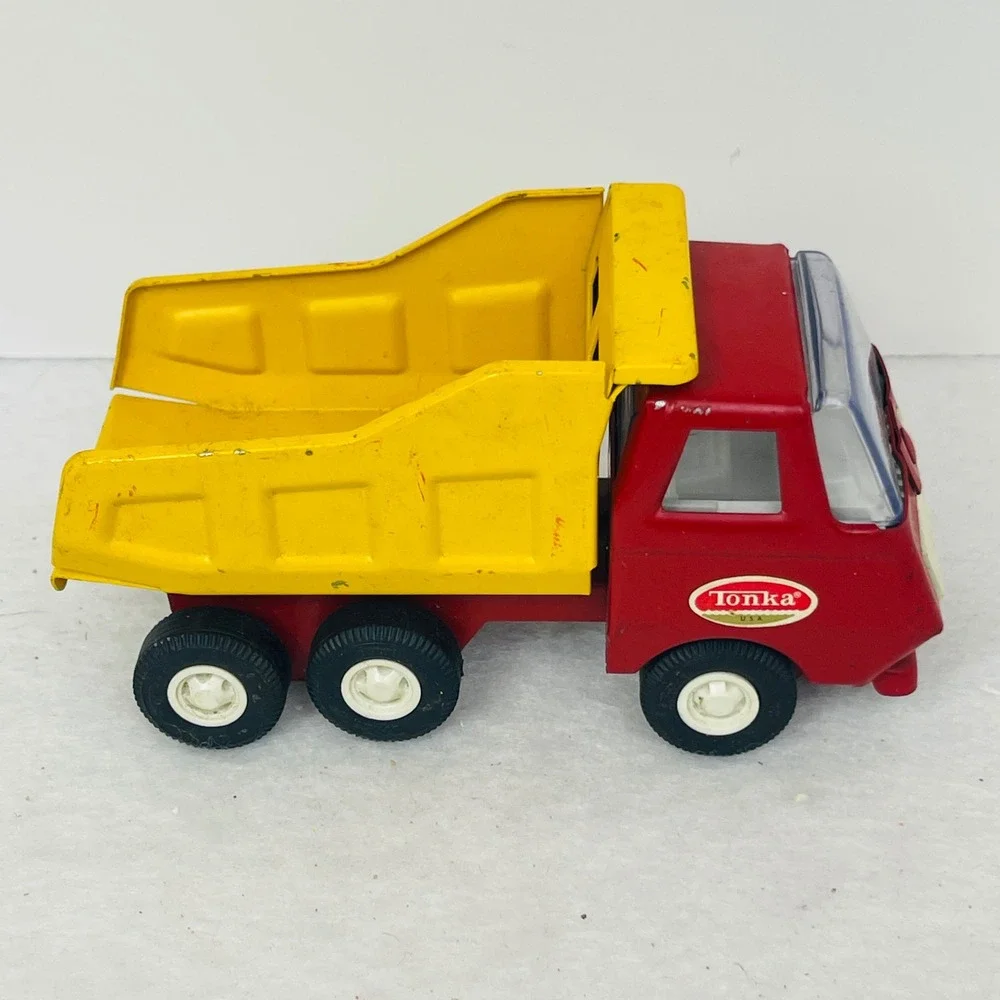 Vintage Tonka USA Red and Yellow Diecast Metal Mini Dump Truck Construction Toy